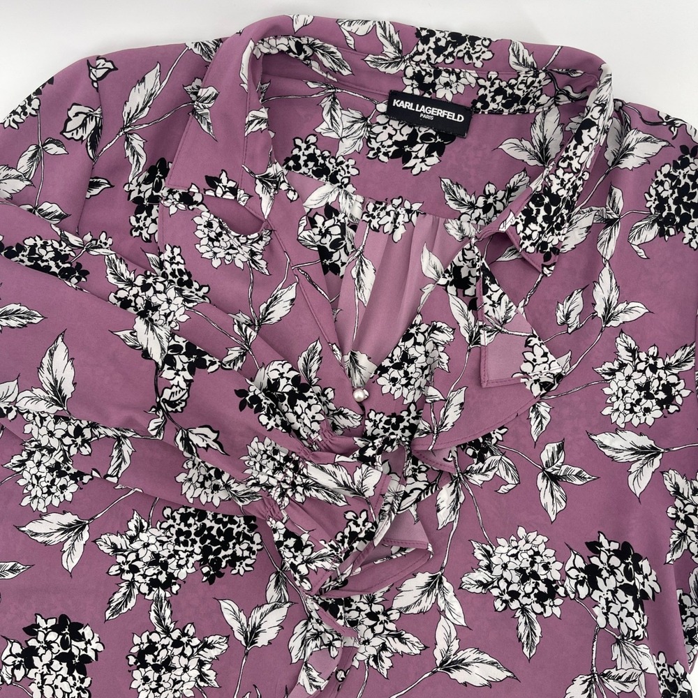 KARL‎ LAGERFELD PARIS Purple Floral Ruffle Front Button Down Blouse, SZ XL - Picture 2 of 11